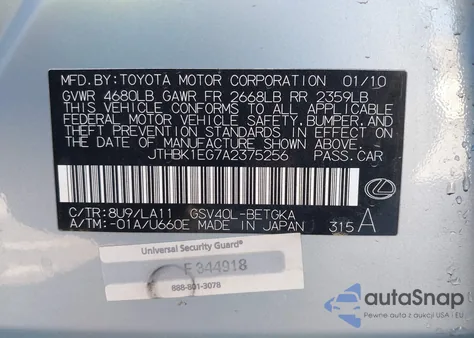 2010 Lexus Es 350 from USA, damaged, VIN JTHBK1EG7A2375256